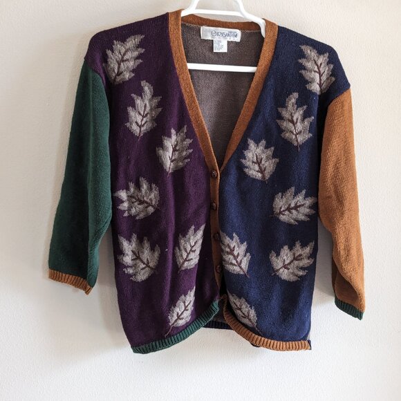 Vintage Sweaters - Vintage Grandma Fall Leaf Embroidered Colorblock Cardigan Earth Tones XL